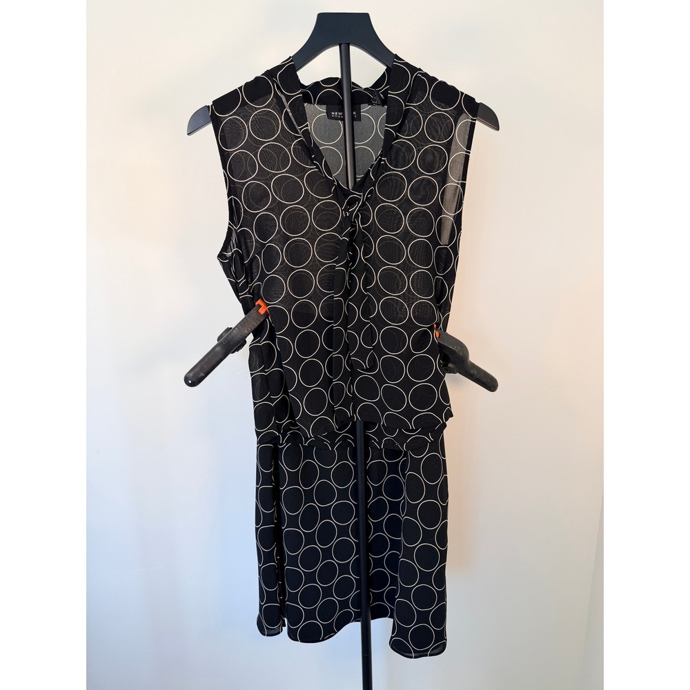 New York & Company Black White Geometric Circle Mesh Top and Skirt Set Medium